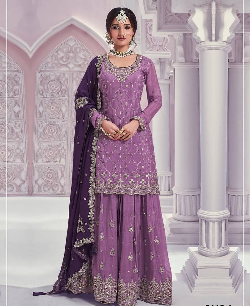 Purple chinon heavy embroidery semi stitched wedding palazzo suits