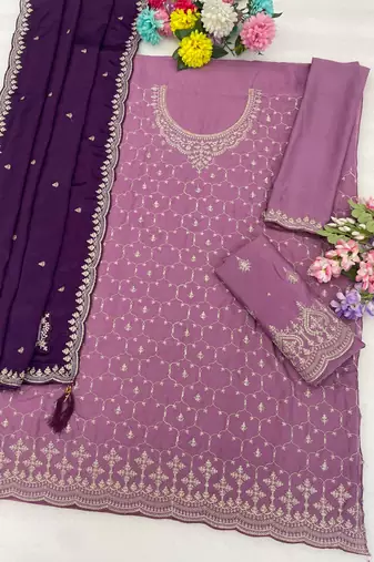 Purple chinon heavy embroidery semi stitched wedding palazzo suits