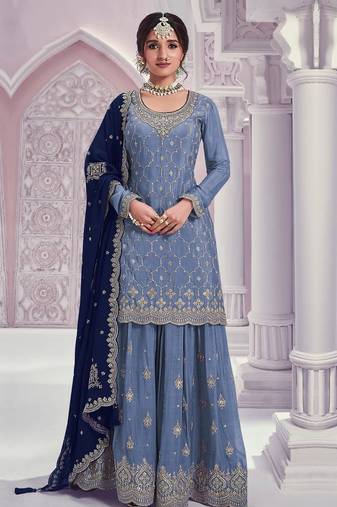 Blue chinon heavy embroidery semi stitched wedding palazzo suits