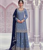 Blue chinon heavy embroidery semi stitched wedding palazzo suits