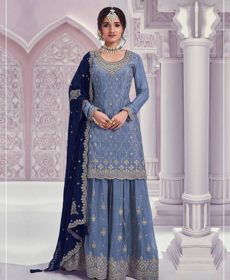 Blue chinon heavy embroidery semi stitched wedding palazzo suits