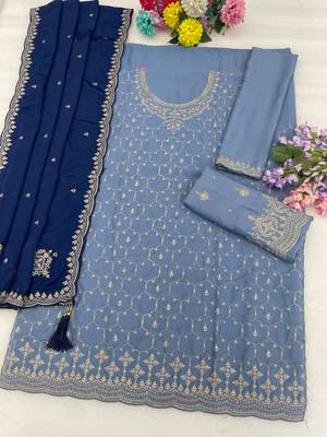 Blue chinon heavy embroidery semi stitched wedding palazzo suits 2