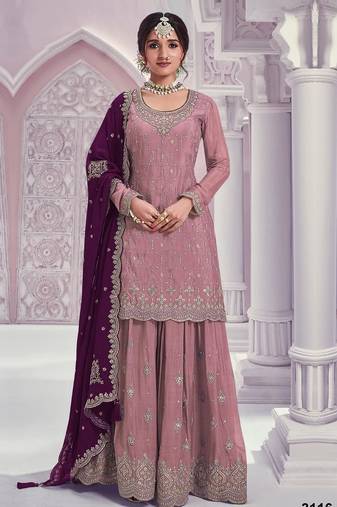 Lavender chinon heavy embroidery semi stitched wedding palazzo suits