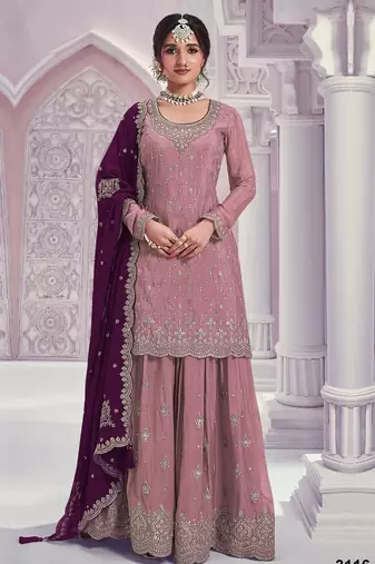 Lavender chinon heavy embroidery semi stitched wedding palazzo suits
