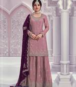 Lavender chinon heavy embroidery semi stitched wedding palazzo suits
