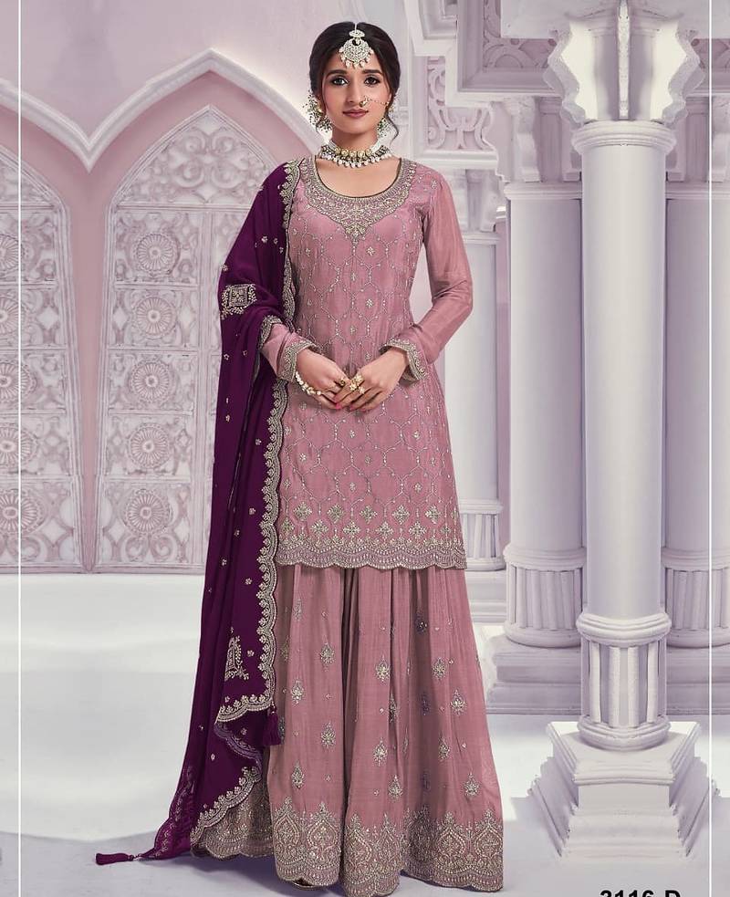 Lavender chinon heavy embroidery semi stitched wedding palazzo suits