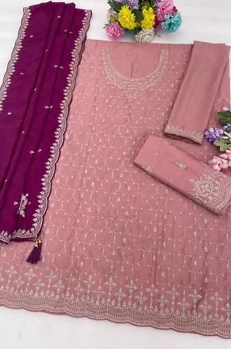 Lavender chinon heavy embroidery semi stitched wedding palazzo suits