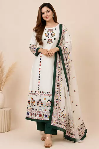  printed maslin kurta set with sequin work dupatta & rayon pant