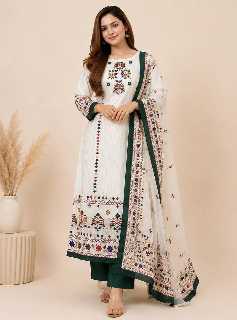  printed maslin kurta set with sequin work dupatta & rayon pant