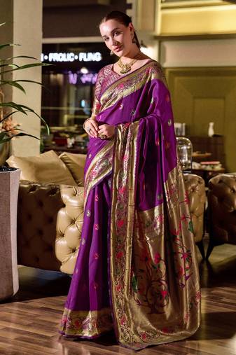 Purple soft silk blend banarasi jacuard work designer party wear saree with unstitched blouse piece