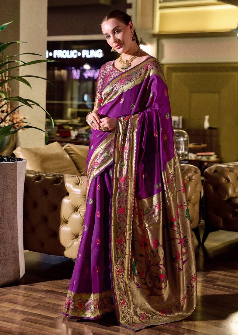 Purple soft silk blend banarasi jacuard work designer party wear saree with unstitched blouse piece