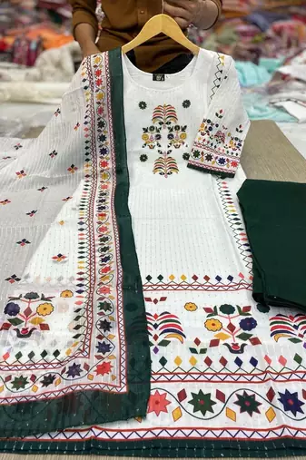  printed maslin kurta set with sequin work dupatta & rayon pant