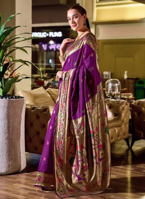 Purple silk blend banarasi saree with unstitched blouse piece 2