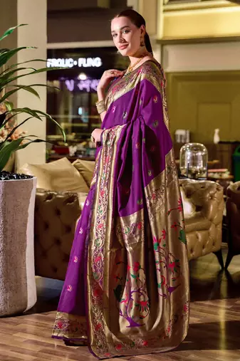 Purple silk blend banarasi saree with unstitched blouse piece