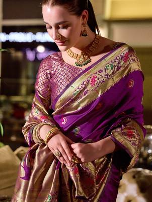 Purple silk blend banarasi saree with unstitched blouse piece 3