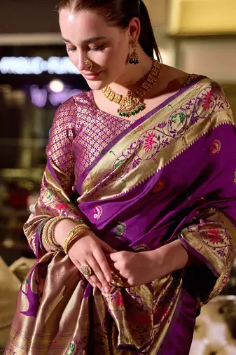 Purple silk blend banarasi saree with unstitched blouse piece