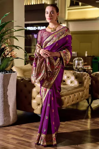 Purple silk blend banarasi saree with unstitched blouse piece