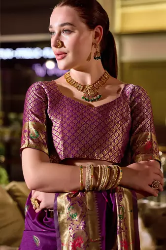 Purple silk blend banarasi saree with unstitched blouse piece