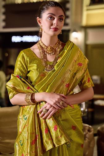 Parrot soft silk blend banarasi jacuard work designer party wear saree with unstitched blouse piece