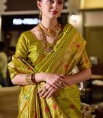 Parrot silk blend banarasi saree with unstitched blouse piece