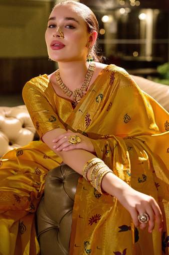 Yellow soft silk blend banarasi jacuard work designer party wear saree with unstitched blouse piece
