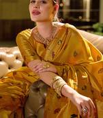 Yellow silk blend banarasi saree with unstitched blouse piece