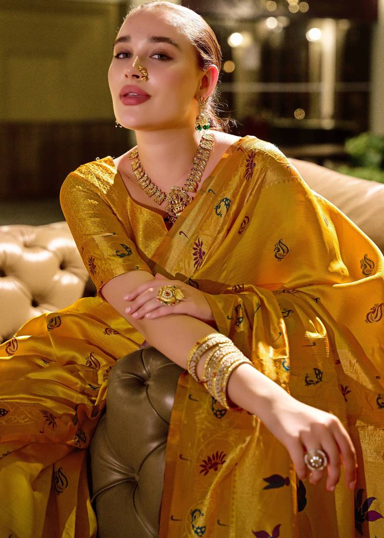 Yellow soft silk blend banarasi jacuard work designer party wear saree with unstitched blouse piece