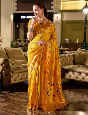 Yellow silk blend banarasi saree with unstitched blouse piece 2