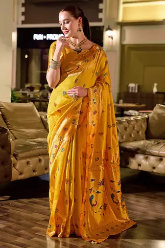 Yellow silk blend banarasi saree with unstitched blouse piece