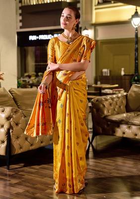 Yellow silk blend banarasi saree with unstitched blouse piece 3