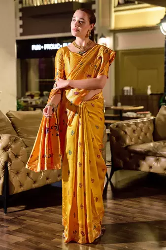 Yellow silk blend banarasi saree with unstitched blouse piece
