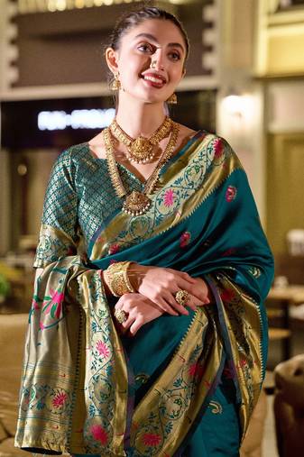 Rama soft silk blend banarasi jacuard work designer party wear saree with unstitched blouse piece