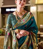 Rama silk blend banarasi saree with unstitched blouse piece