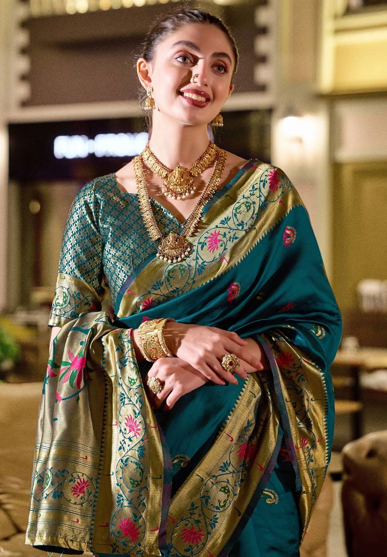 Rama soft silk blend banarasi jacuard work designer party wear saree with unstitched blouse piece
