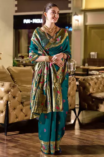 Rama silk blend banarasi saree with unstitched blouse piece