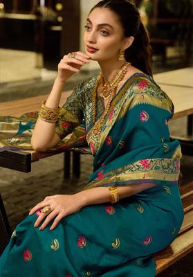 Rama silk blend banarasi saree with unstitched blouse piece 3