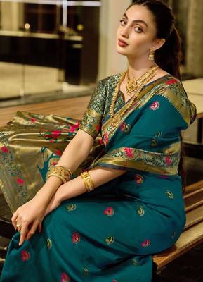 Rama silk blend banarasi saree with unstitched blouse piece 4