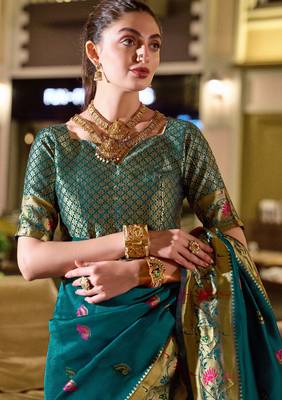 Rama silk blend banarasi saree with unstitched blouse piece 5