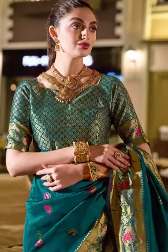 Rama silk blend banarasi saree with unstitched blouse piece