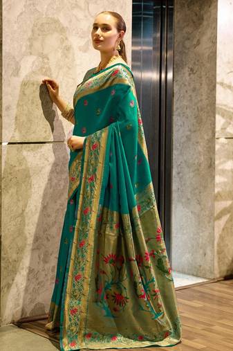 Teal green soft silk blend banarasi jacuard work designer party wear saree with unstitched blouse piece