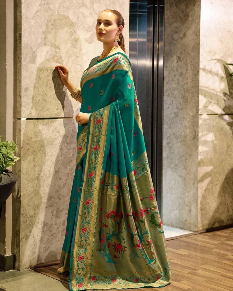 Teal green soft silk blend banarasi jacuard work designer party wear saree with unstitched blouse piece