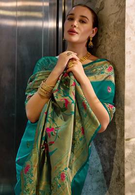 Teal green silk blend banarasi saree with unstitched blouse piece 4