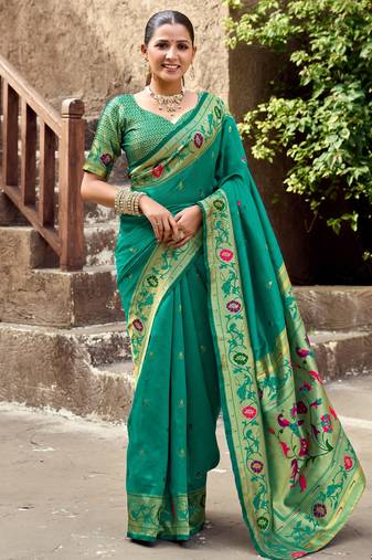 Teal green soft silk blend banarasi jacuard work designer party wear saree with unstitched blouse piece