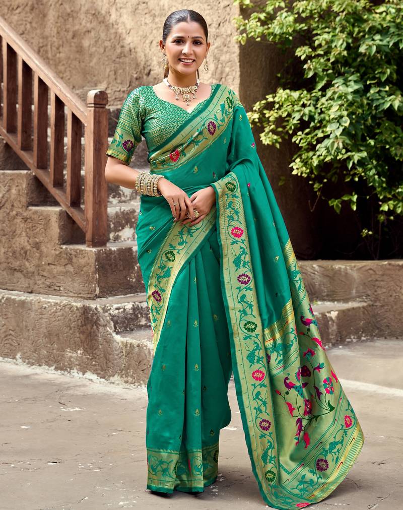 Teal green soft silk blend banarasi jacuard work designer party wear saree with unstitched blouse piece