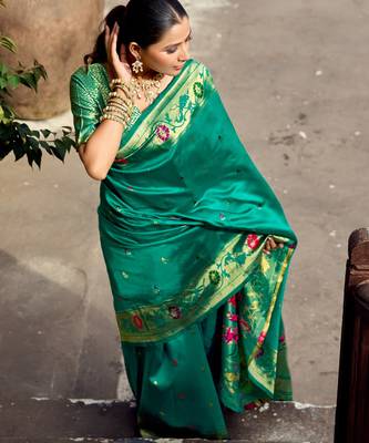Teal green silk blend banarasi saree with unstitched blouse piece 2
