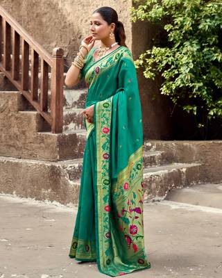 Teal green silk blend banarasi saree with unstitched blouse piece 3