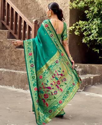 Teal green silk blend banarasi saree with unstitched blouse piece 4