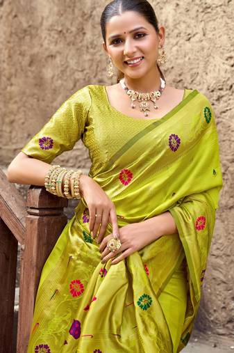 Parrot soft silk blend banarasi jacuard work designer party wear saree with unstitched blouse piece