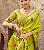 Parrot silk blend banarasi saree with unstitched blouse piece