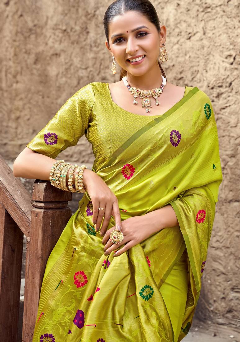 Parrot soft silk blend banarasi jacuard work designer party wear saree with unstitched blouse piece
